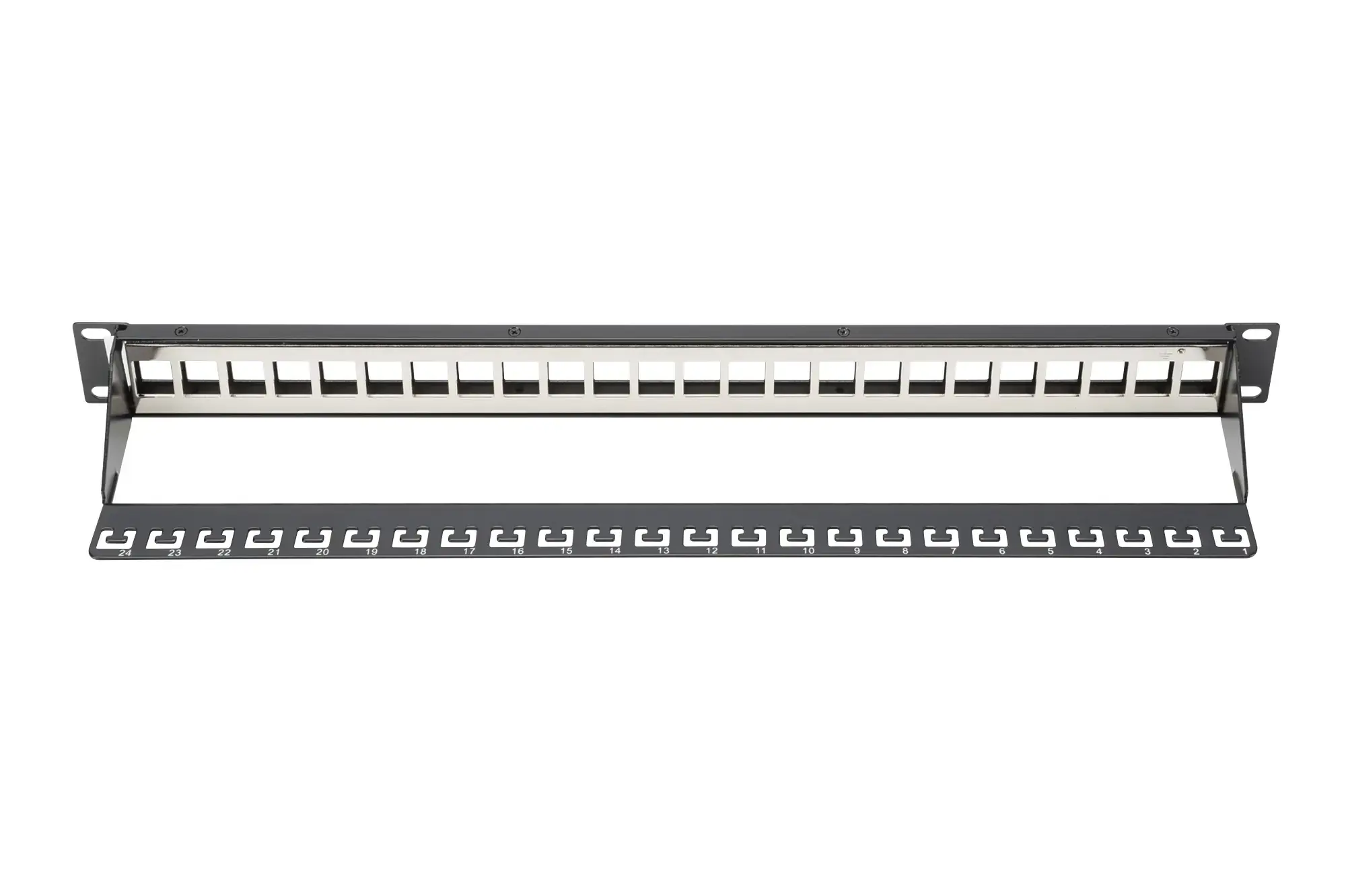 DIGITUS komutacinio skydelio korpusas 1U, skirtas "Keystone" moduliui 24 prievadai 19 colių, skirtas RJ45 ir LWL moduliams, juodas RAL 9005