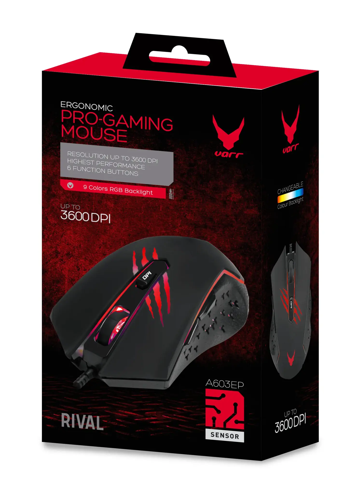 Varr žaidimų USB pelė, reguliuojamas DPI (1200, 1800, 2400 arba 3600 dpi), 6 mygtukai su slinkimo ratuku, 9 spalvų LED apšvietimas su RGB efektu, juoda/raudona, populiari USB-A jungtis, optinė, 1,5 m ilgio laidas, dešinioji, optinė, USB Type-A, 3600 DPI, juoda