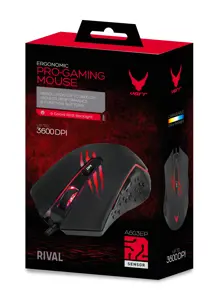 Varr žaidimų USB pelė, reguliuojamas DPI (1200, 1800, 2400 arba 3600 dpi), 6 mygtukai su slinkimo ratuku, 9 spalvų LED apšvietimas su RGB efektu, juoda/raudona, populiari USB-A jungtis, optinė, 1,5 m ilgio laidas, dešinioji, optinė, USB Type-A, 3600 DPI, juoda