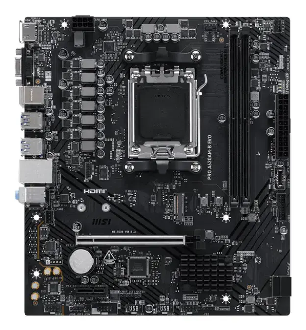 MSI PRO A620AM-B EVO | Processor family AMD | Processor socket AM5 | DDR5 | Supported hard disk drive interfaces SATA, M.2 | Number of SATA connectors 2