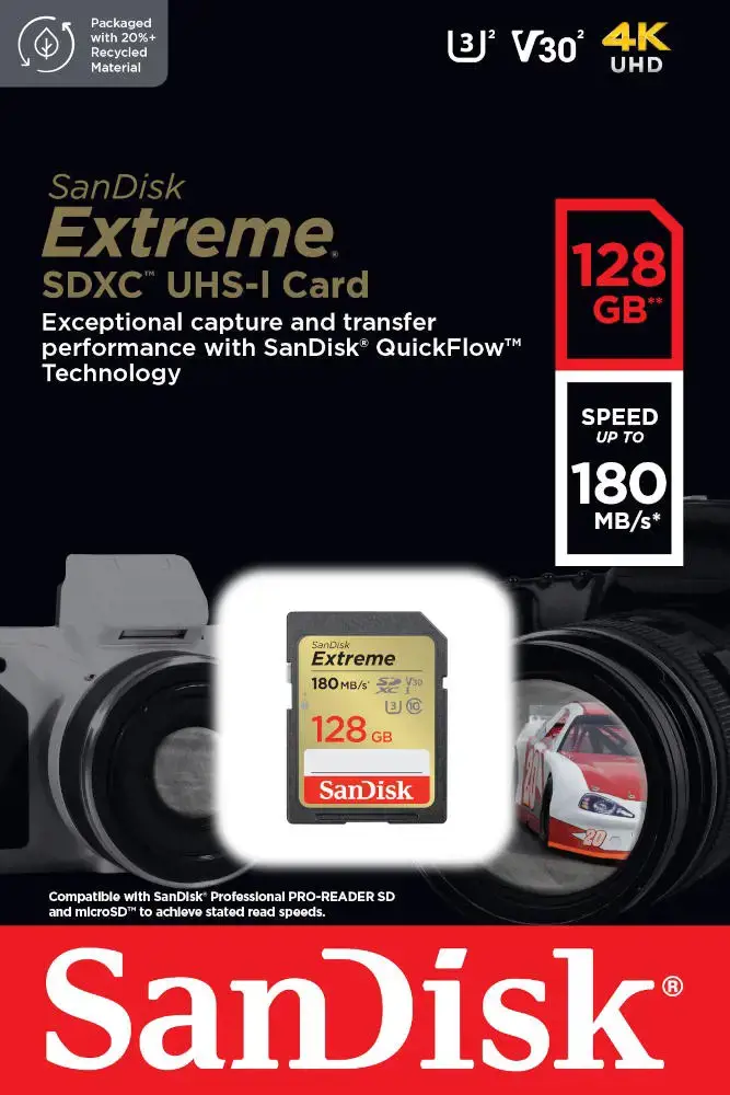 "SanDisk Extreme" 128 GB SDXC atminties kortelė + 1 metų "RescuePRO Deluxe" iki 180MB/s ir 90MB/s skaitymo/rašymo greitis, UHS-I, 10 klasė, U3, V30; EAN:619659188863