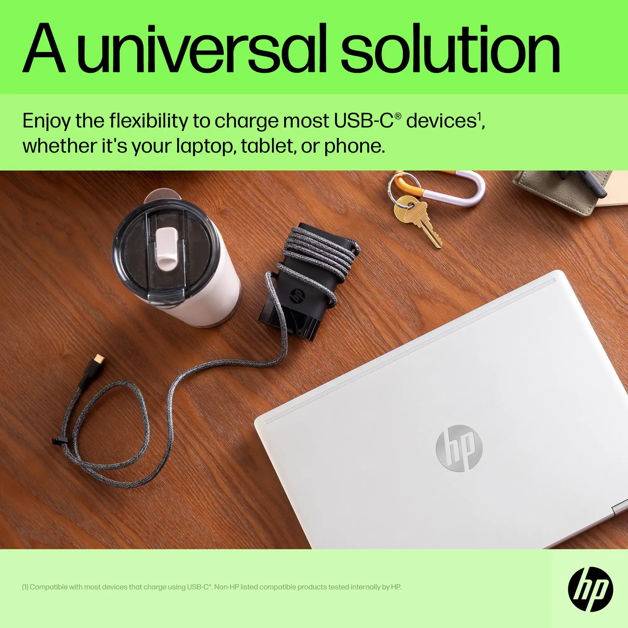 HP USB-C 65W nešiojamojo kompiuterio įkroviklis, nešiojamasis kompiuteris, vidinis, 90 V, 65 W, 5-20 V, 1,6 A
