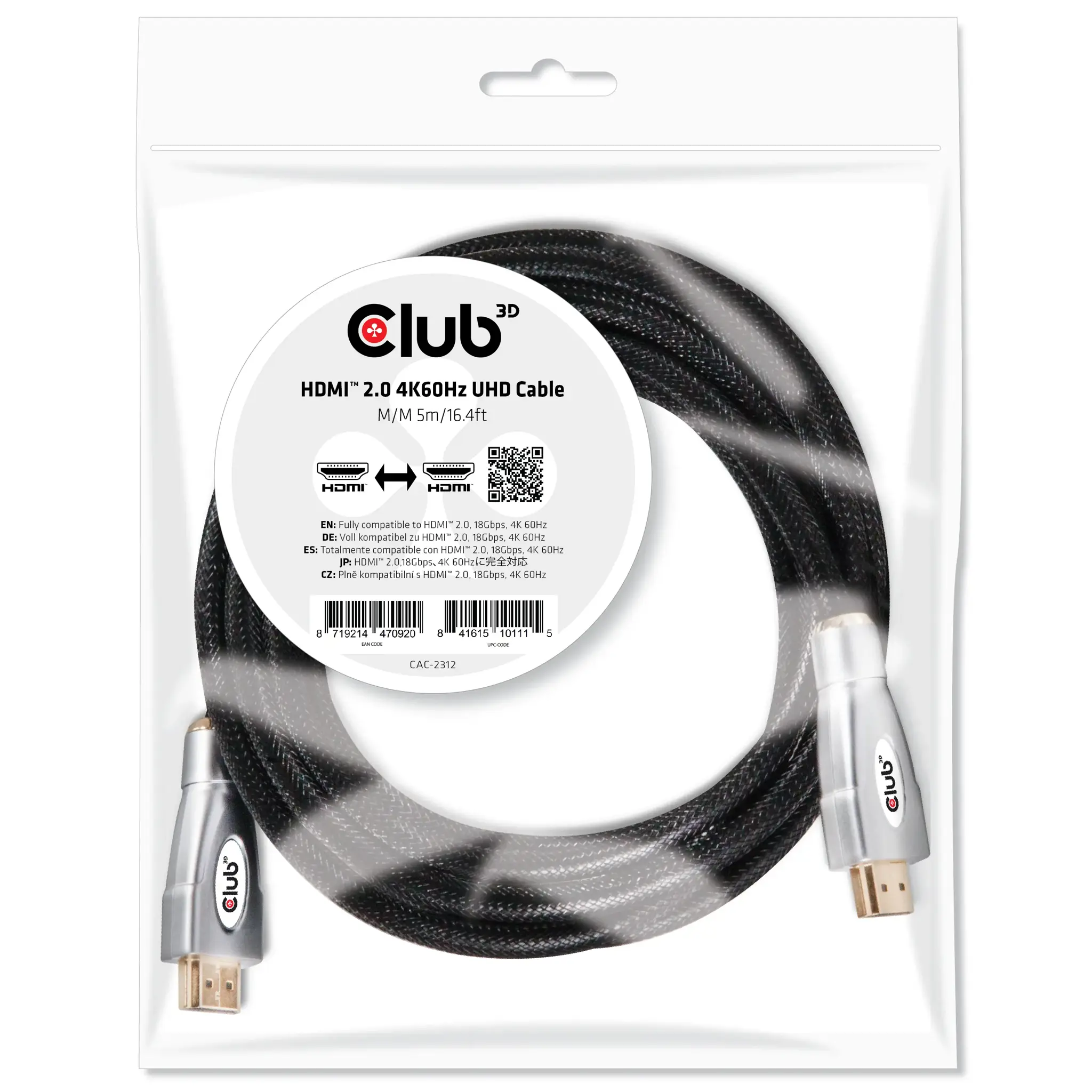 CLUB3D HDMI 2.0 4K60Hz UHD Cable 5m/16.4ft, 5 m, HDMI Type A (Standard), HDMI Type A (Standard), 3D, 18 Gbit/s, Black