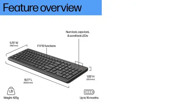 HP 220 belaidė klaviatūra, 425,5 g, 441 mm, 173 mm, 32 mm, 580 g, 146,1 mm