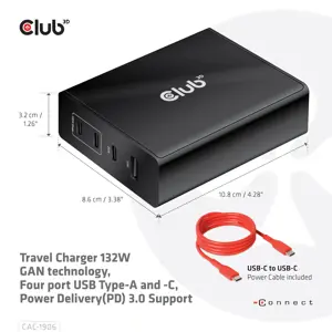 CLUB3D Travel Charger 132W GAN technology, Four port USB Type-A and -C, Power Delivery(PD) 3.0 Support, Indoor, DC, Black
