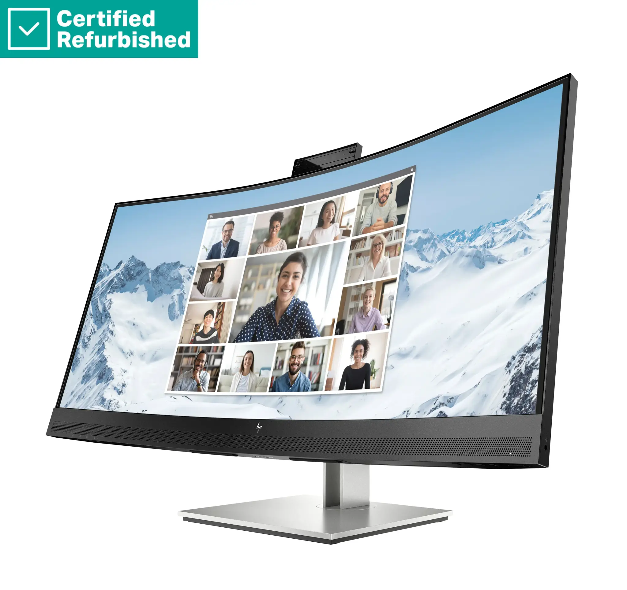 RENEW SILVER HP E34m G4 Curved Conferencing Monitor - 34" 3440x1440 WQHD 400-nit 75Hz AG, Curved, VA, USB-C(65W)/HDMI/DisplayPort, 4x USB-A, speakers, 5MP webcam, RJ-45 LAN, height adjustable/tilt/swivel, 1 years