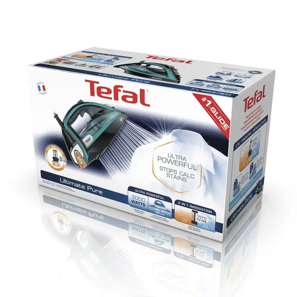 "Tefal Ultimate Pure FV9844", sausas ir garų lygintuvas, "Durilium Autoclean" padas, 2,5 m, 250 g/min, juodas, mėlynas, 60 g/min