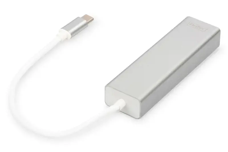 DIGITUS 3 prievadų USB 3.0 C tipo šakotuvas su Gigabit Ethernet 3xUSB A/F 1xUSB C/M 1xRJ45 LAN Palaiko Windows ir Mac OS