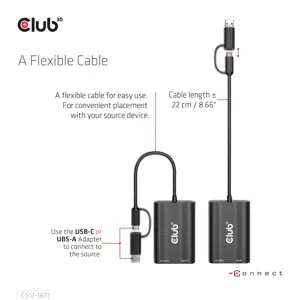 CLUB3D USB Gen1 Type-C/-A to Dual HDMI (4K/30Hz) / VGA (1080/60Hz), 0.22 m, USB Type-C, HDMI + VGA (D-Sub), Male, Female, Straight