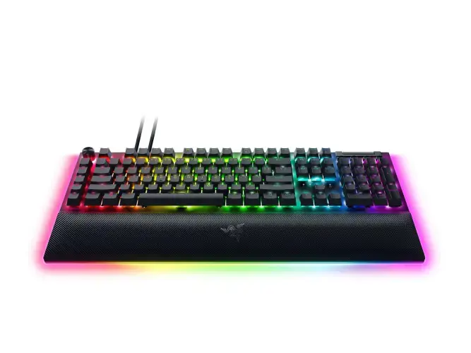 "Razer BlackWidow V4 Pro" mechaninė žaidimų klaviatūra su RGB LED apšvietimu, JAV, laidinė, juoda, geltoni jungikliai, skaičių klaviatūra