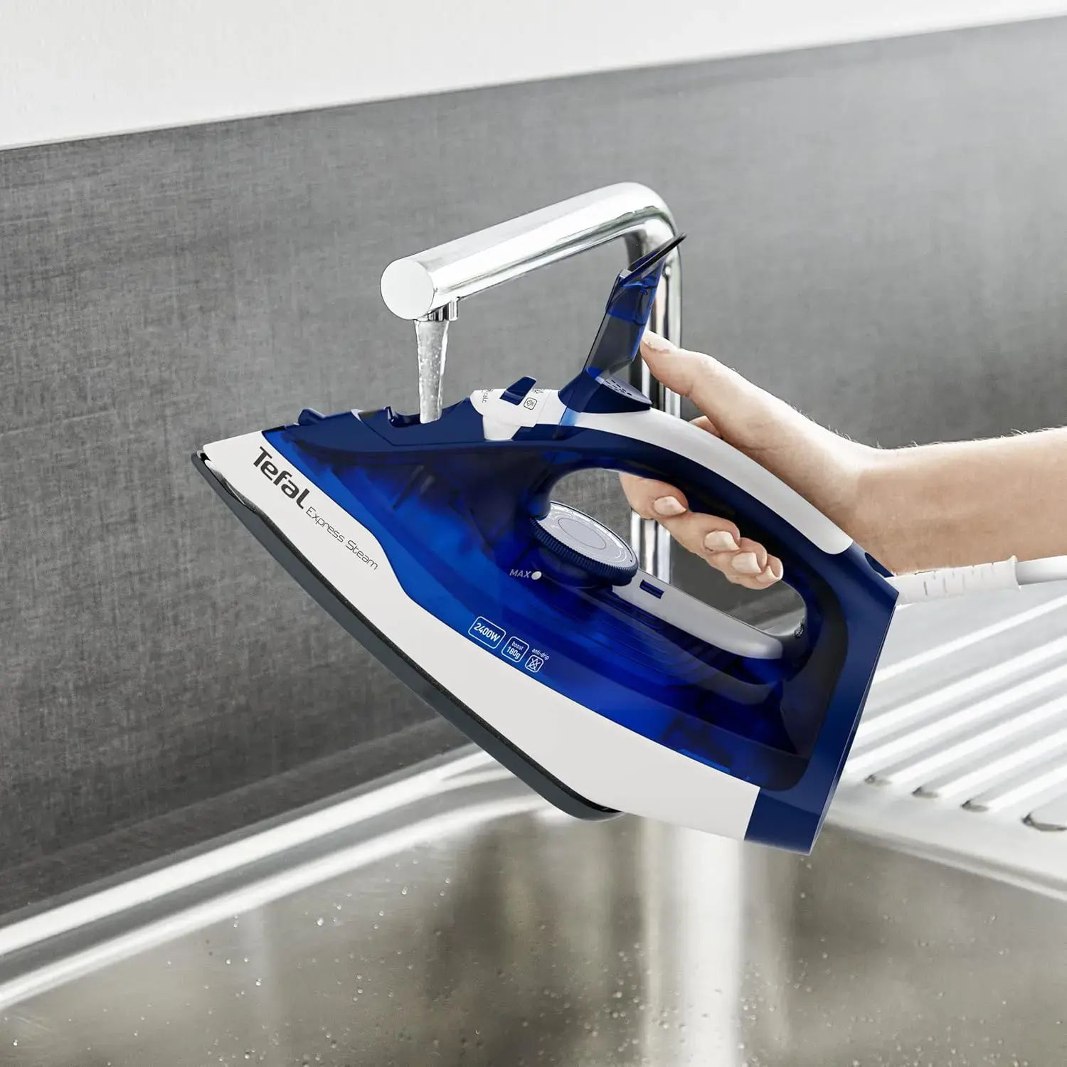 "Tefal FV2838E0", sausas ir garų lygintuvas, "Cerilium" padas, 1,9 m, 180 g/min, mėlynas, baltas, 40 g/min