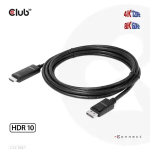 CLUB3D DisplayPort 1.4 to HDMI 4K120Hz or 8K60Hz HDR10 Cable M/M 3m/9.84ft, 3 m, DisplayPort, HDMI, Male, Male, Straight