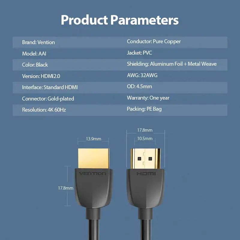 "Vention" nešiojamasis HDMI kabelis 3M juodas, 3 m, A tipo HDMI (standartinis), A tipo HDMI (standartinis), 3D, 18 Gbit/s, juodas