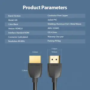 "Vention" nešiojamasis HDMI kabelis 3M juodas, 3 m, A tipo HDMI (standartinis), A tipo HDMI (standartinis), 3D, 18 Gbit/s, juodas