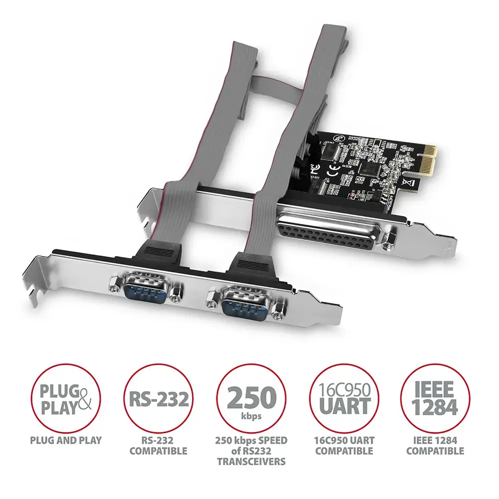 PCI-Express plokštė su vienu lygiagrečiuoju ir dviem nuosekliaisiais 250 kbps prievadais. ASIX AX99100. Standartinė ir žemo profilio.