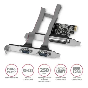 PCI-Express plokštė su vienu lygiagrečiuoju ir dviem nuosekliaisiais 250 kbps prievadais. ASIX AX99100. Standartinė ir žemo profilio.