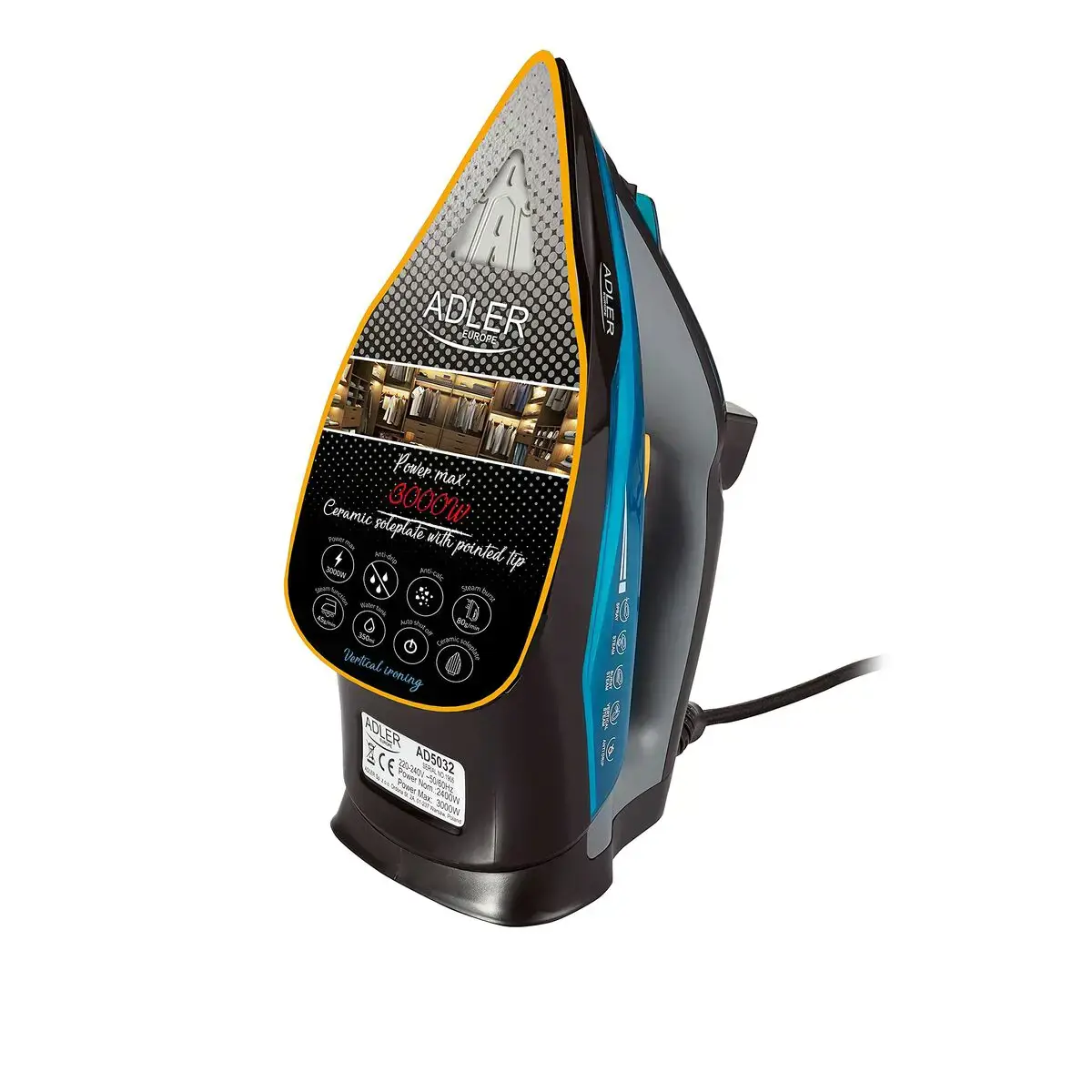 "Adler" AD 5032 lygintuvas Sausas lygintuvas Keraminis padas Juodas, mėlynas, pilkas 2400 W