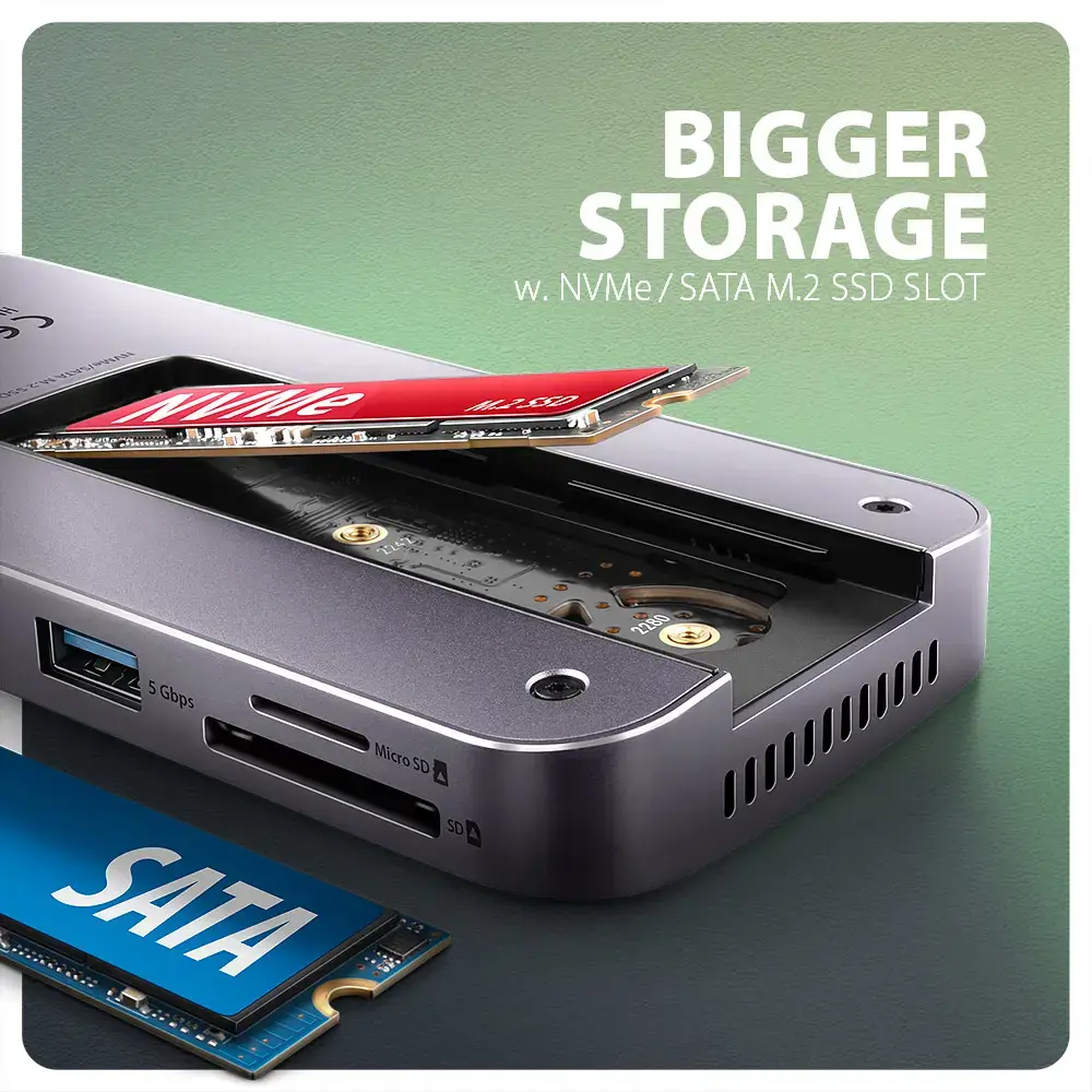 AXAGON Multiport USB-C 10Gbps hub. NVMe/SATA M.2, HDMI and DisplayPort. Cable USB-C 50 cm.