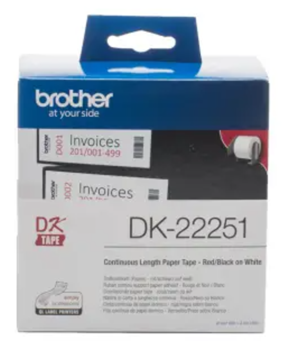 Brother DK-22251, juoda ir raudona ant baltos spalvos, DK, juoda, mėlyna, balta, terminis perkėlimas, QL-800 QL-810W QL-820NWB, 6,2 cm