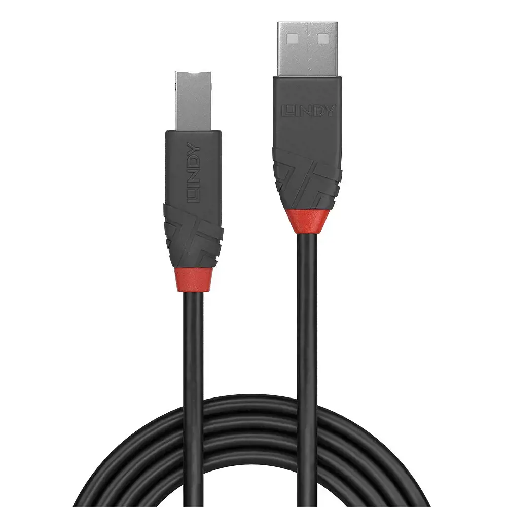 "Lindy" 5 m A-B tipo USB 2.0 kabelis, "Anthra Line", 5 m, USB A, USB B, USB 2.0, 480 Mbps, juodas