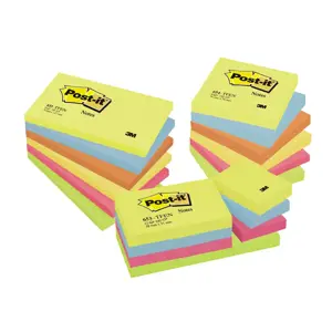Lipnūs lapeliai POST-IT Energetic colours, 76 x 76 mm, įvairūs ryškūs atspalviai, 6 vnt./pak.