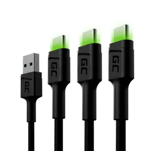 GREEN CELL 3x kabelis GC Ray USB-C 200cm su žaliu LED apšvietimu Ultra Charge QC 3.0