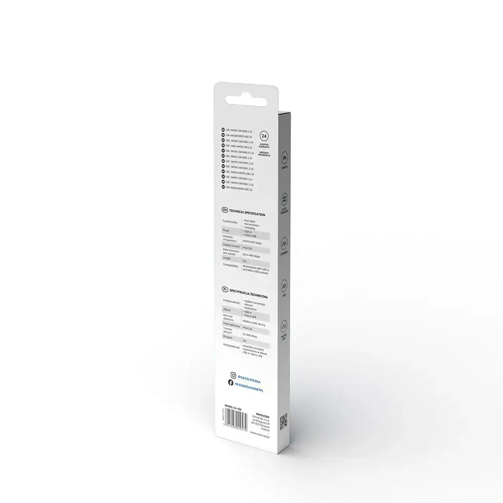 Kabelis SAVIO CL-124 (Micro USB - USB 2.0 A tipo ; 2 m; baltos spalvos)