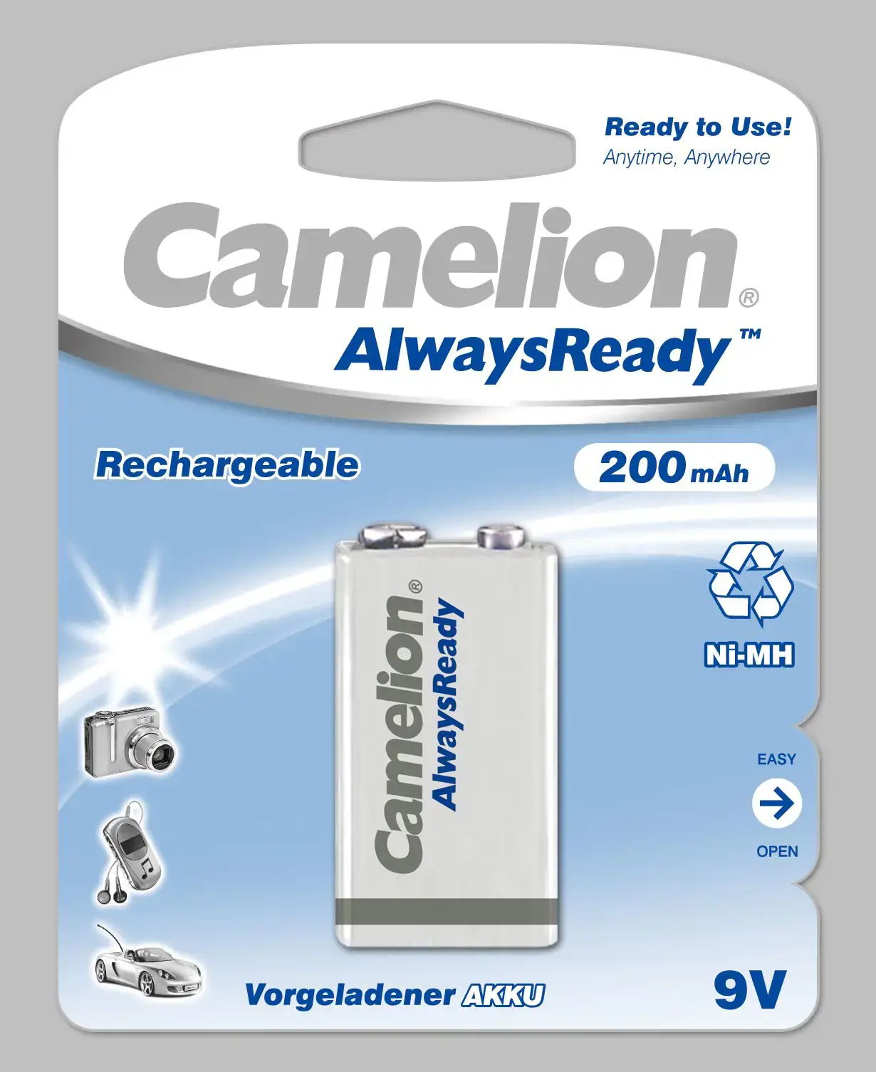 Camelion 9V/6HR61, 200 mAh, "AlwaysReady" įkraunamos baterijos Ni-MH, 1 vnt.