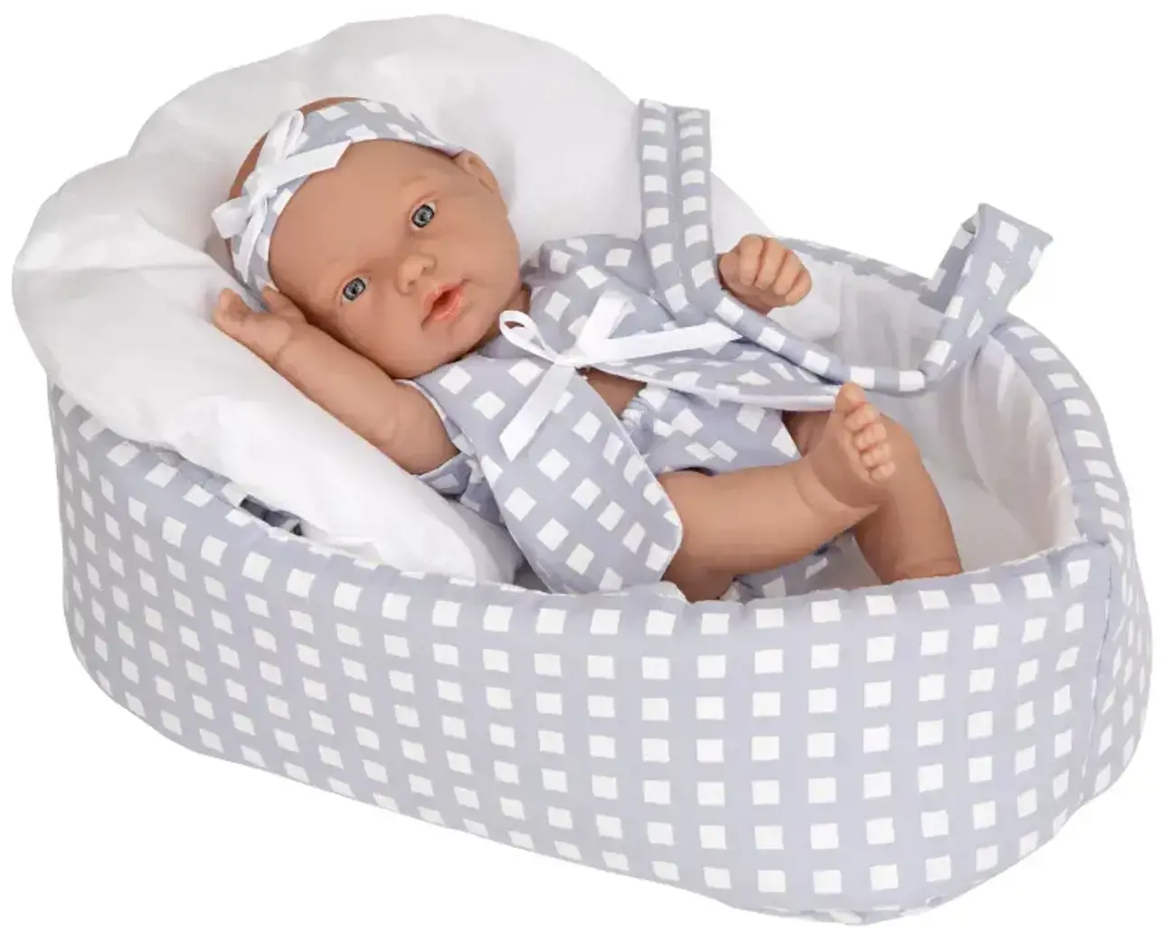 Kūdikėlis languotoje, pilkoje nešyklėje, 26 cm