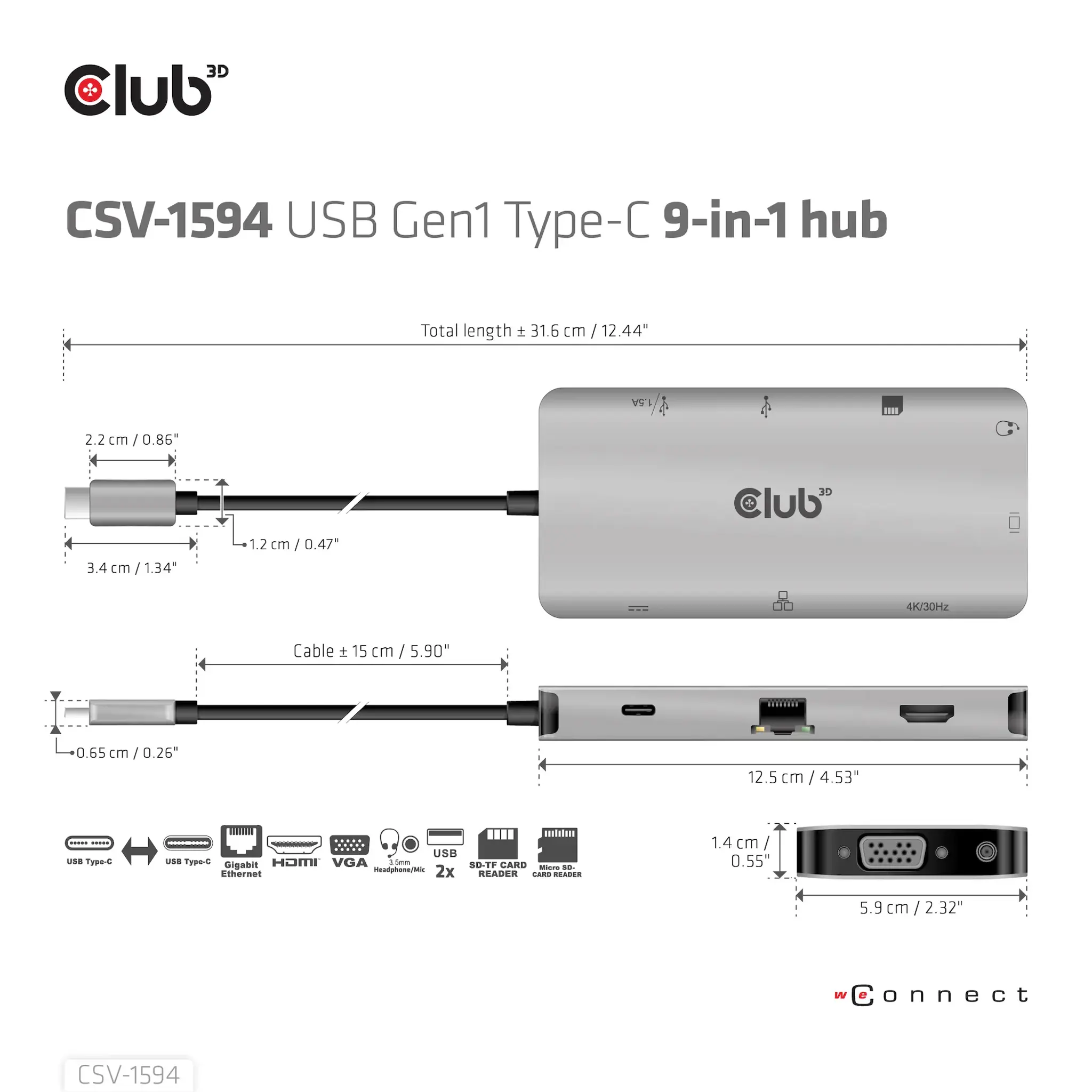 CLUB3D USB Gen1 Type-C 9-in-1 hub with HDMI, VGA, 2x USB Gen1 Type-A, RJ45, SD/Micro SD card slots and USB Gen1 Type-C Female port, USB 3.2 Gen 1 (3.1 Gen 1) Type-C, 3.5mm, HDMI, RJ-45, USB 3.2 Gen 1 (3.1 Gen 1) Type-A, USB 3.2 Gen 1 (3.1 Gen 1) Type-C, VGA, MicroSD (TransFlash), SD, 5000 Mbit/s, 60 Hz, 1920 x 1080 (HD 1080), 3860 x 2160