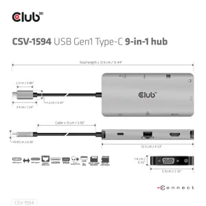 CLUB3D USB Gen1 Type-C 9-in-1 hub with HDMI, VGA, 2x USB Gen1 Type-A, RJ45, SD/Micro SD card slots and USB Gen1 Type-C Female port, USB 3.2 Gen 1 (3.1 Gen 1) Type-C, 3.5mm, HDMI, RJ-45, USB 3.2 Gen 1 (3.1 Gen 1) Type-A, USB 3.2 Gen 1 (3.1 Gen 1) Type-C, VGA, MicroSD (TransFlash), SD, 5000 Mbit/s, 60 Hz, 1920 x 1080 (HD 1080), 3860 x 2160