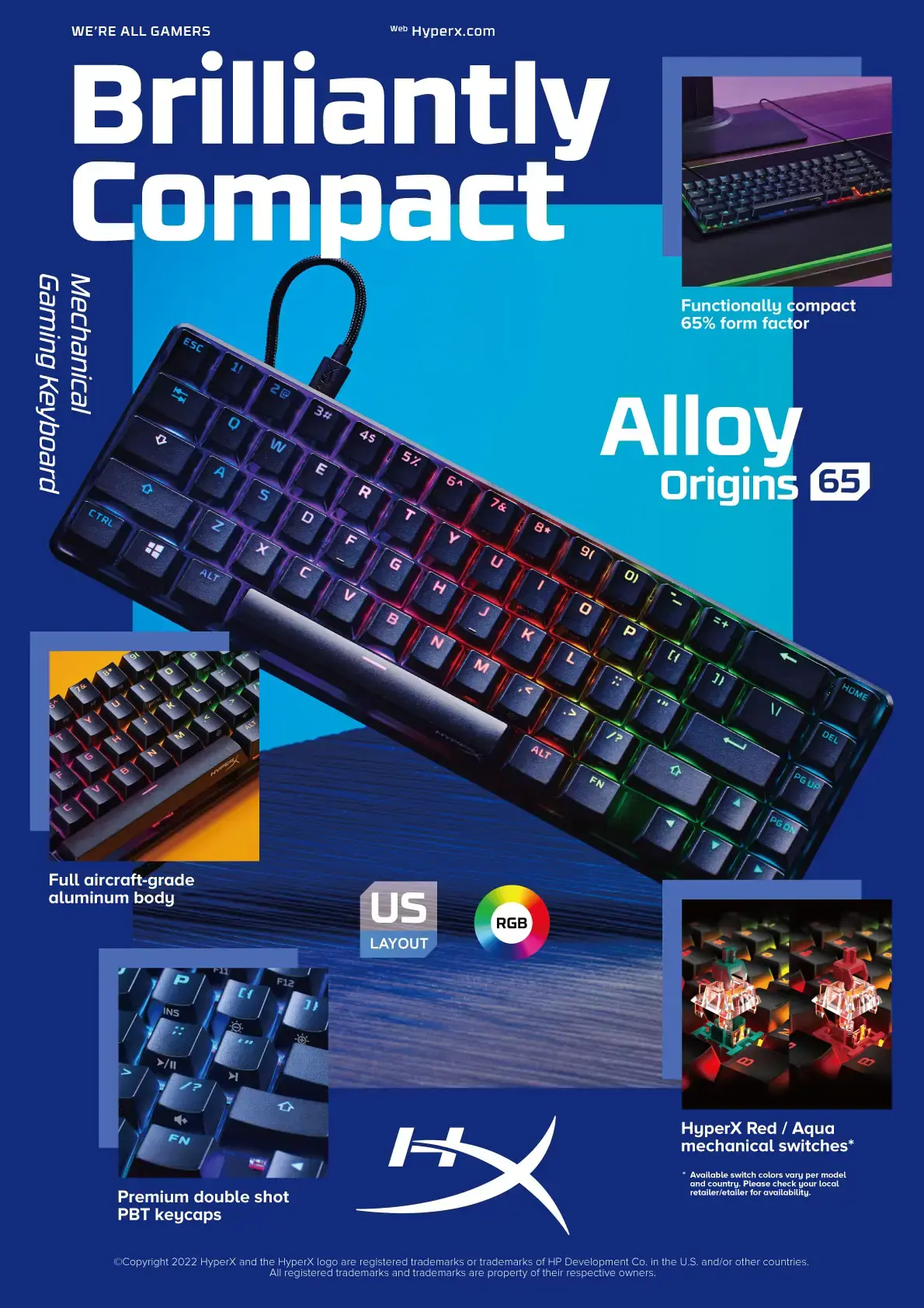 "HyperX Alloy Origins 65" - mechaninė žaidimų klaviatūra - HX Red (JAV išdėstymas), 65%, USB, mechaninė, RGB LED, juoda
