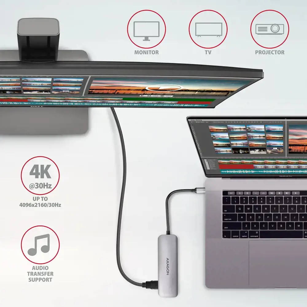 "Axagon" kelių prievadų USB 3.2 Gen 1 šakotuvas. HDMI, kortelių skaitytuvas ir trys USB-A išvestys. USB-C 20 cm ilgio kabelis.
