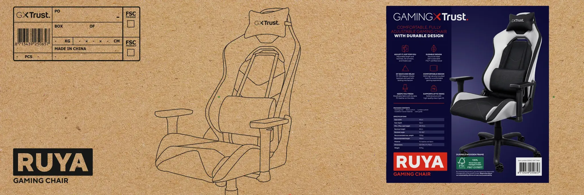 Trust GXT 714 RUYA, Universali žaidimų kėdė, 150 kg, 195 cm, juoda, juoda, mediena