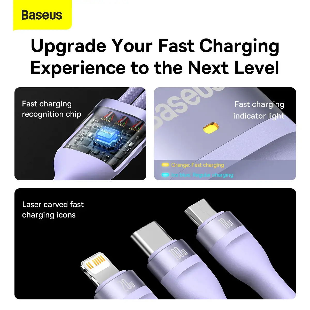 Baseus Flash Series II USB Type C | USB Type A cable - USB Type C | Lightning | micro USB 100 W 1.2 m purple (CASS030105)