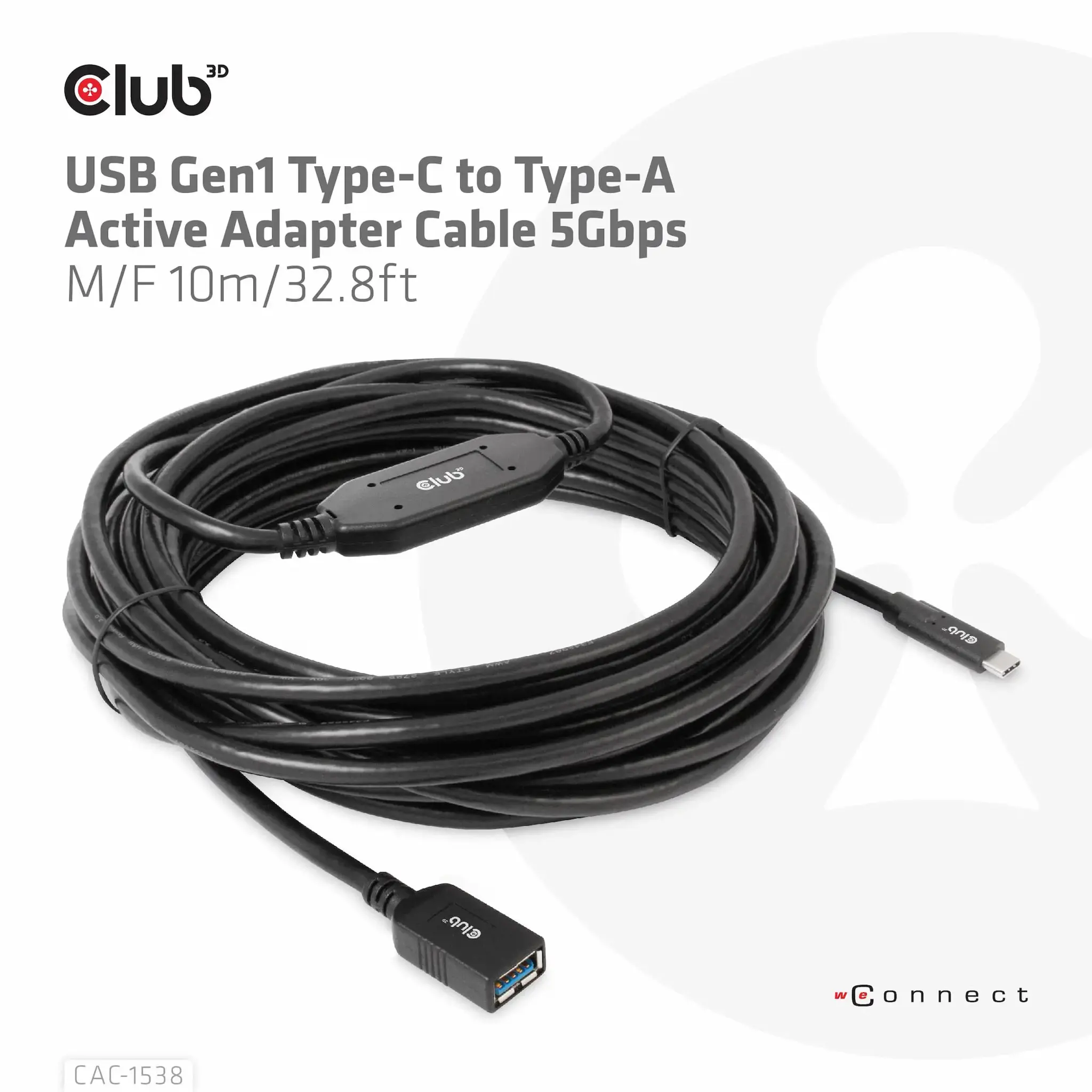 CLUB3D USB Gen1 Type-C to Type-A Active Adapter Cable 5Gbps M/F 10m/32.8ft, 10 m, USB C, USB A, USB 3.2 Gen 1 (3.1 Gen 1), 5000 Mbit/s, Black