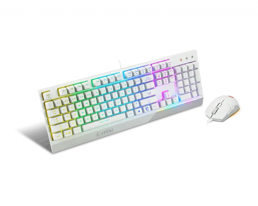 MSI VIGOR GK30 COMBO WHITE MEMchanical Gaming Keyboard + Gaming Mouse Bundle 'UK Layout, 6 zonų RGB apšvietimo klaviatūra, dviejų zonų RGB apšvietimo pelė, 5000 DPI optinis jutiklis, centrinė', USB, mechaninė, QWERTY, RGB LED, balta, pelė pridedama