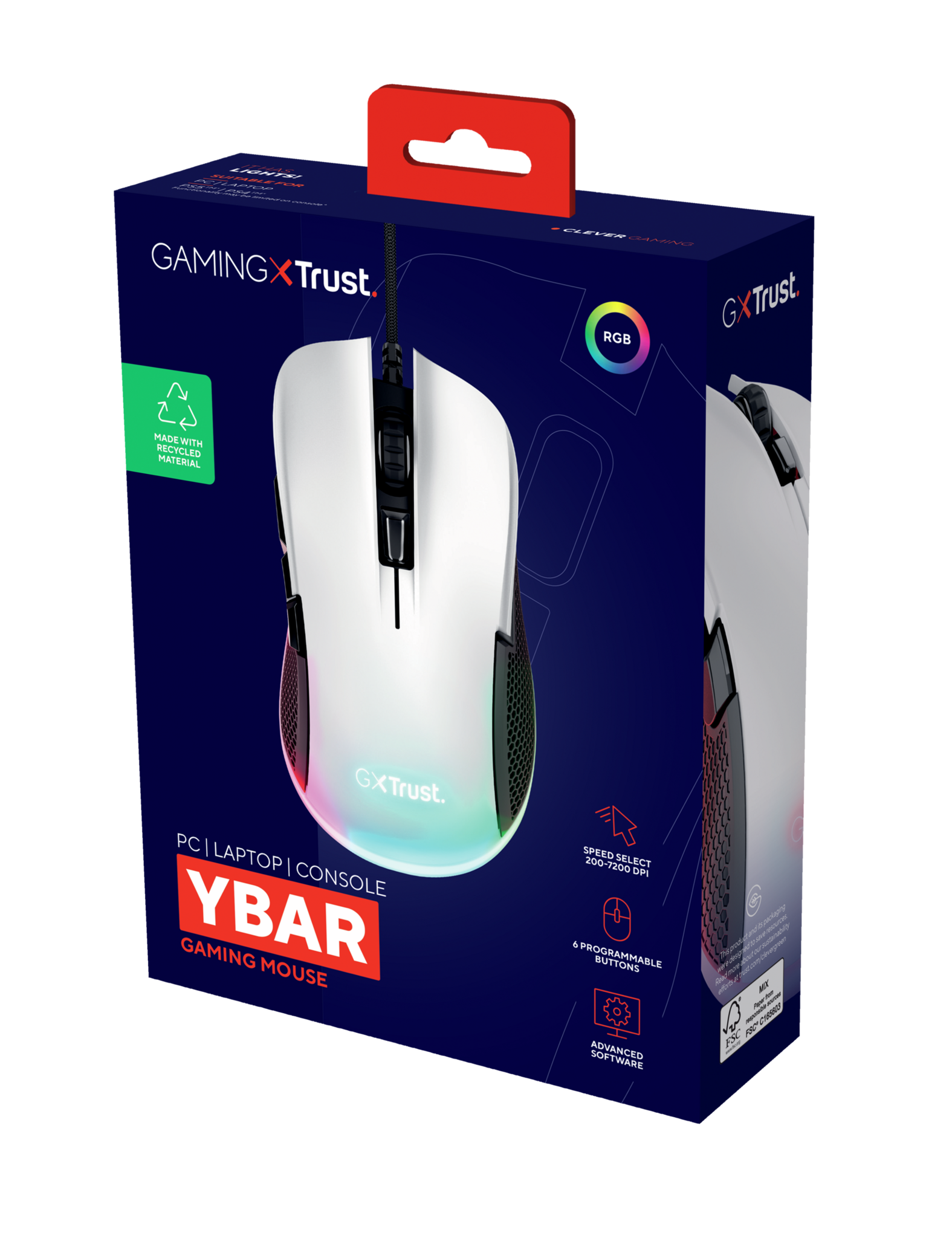 Trust GXT 922 Ybar, Right-hand, Optical, USB Type-A, 7200 DPI, Black, White