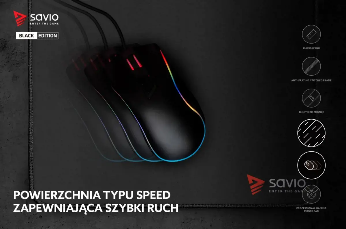SAVIO ŽAIDIMŲ PELĖS KILIMĖLIS 250X250X2MM, DYGSNIUOTAIS KRAŠTAIS BLACK EDITION TURBO DYNAMIC S