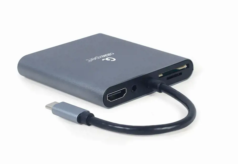 GEMBIRD A-CM-COMBO6-01 kelių prievadų adapteris C tipo USB 6in1 Hub3.1 HDMI VGA PD kortelių skaitytuvas stereofoninis garsas erdvinis pilkas