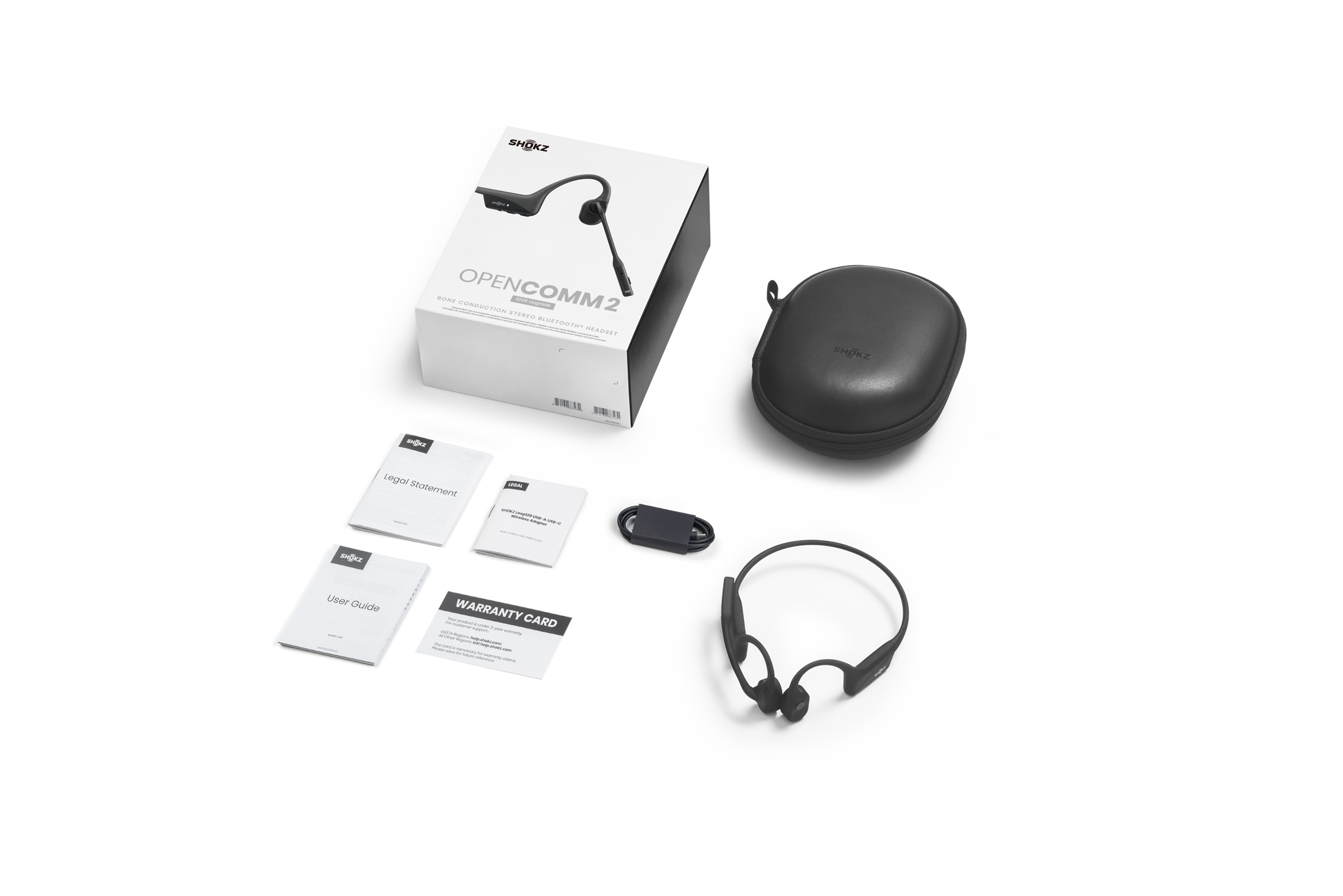 SHOKZ OpenComm2 2025 Upgrade Wireless Bluetooth Bone Conduction Videoconferencing Headset with USB-C Charging Port | 16 Hr Talk Time, 29m Wireless Range, 1 Hr Charge Time | Includes Noise Cancelling Boom Mic, Black, Wireless, Office/Call center, 35 g, Headset, Black