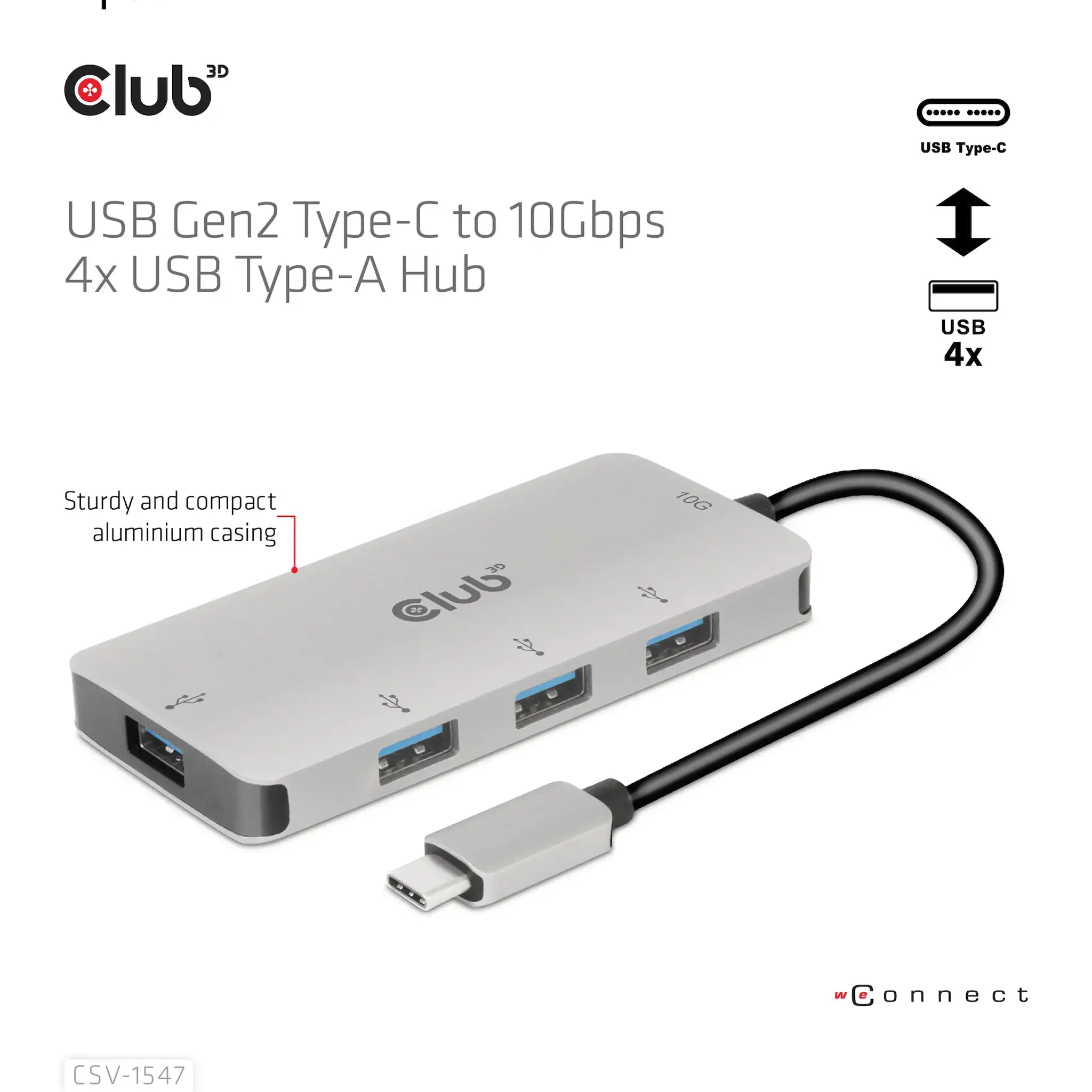 CLUB3D USB Gen2 Type-C to 10Gbps 4x USB Type-A Hub, USB 3.2 Gen 2 (3.1 Gen 2) Type-C, USB 3.2 Gen 2 (3.1 Gen 2) Type-A, 10000 Mbit/s, Black, Silver, Round cable, 0.262 m