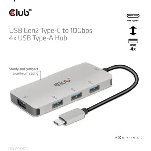 CLUB3D USB Gen2 Type-C to 10Gbps 4x USB Type-A Hub, USB 3.2 Gen 2 (3.1 Gen 2) Type-C, USB 3.2 Gen 2 (3.1 Gen 2) Type-A, 10000 Mbit/s, Black, Silver, Round cable, 0.262 m