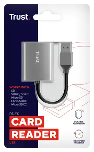 "Trust Dalyx", "MicroSD" (TransFlash), SD, SDHC, SDXC, aliuminis, 140 Mbps, USB 3.2 Gen 1 (3.1 Gen 1), 34 mm, 14 mm