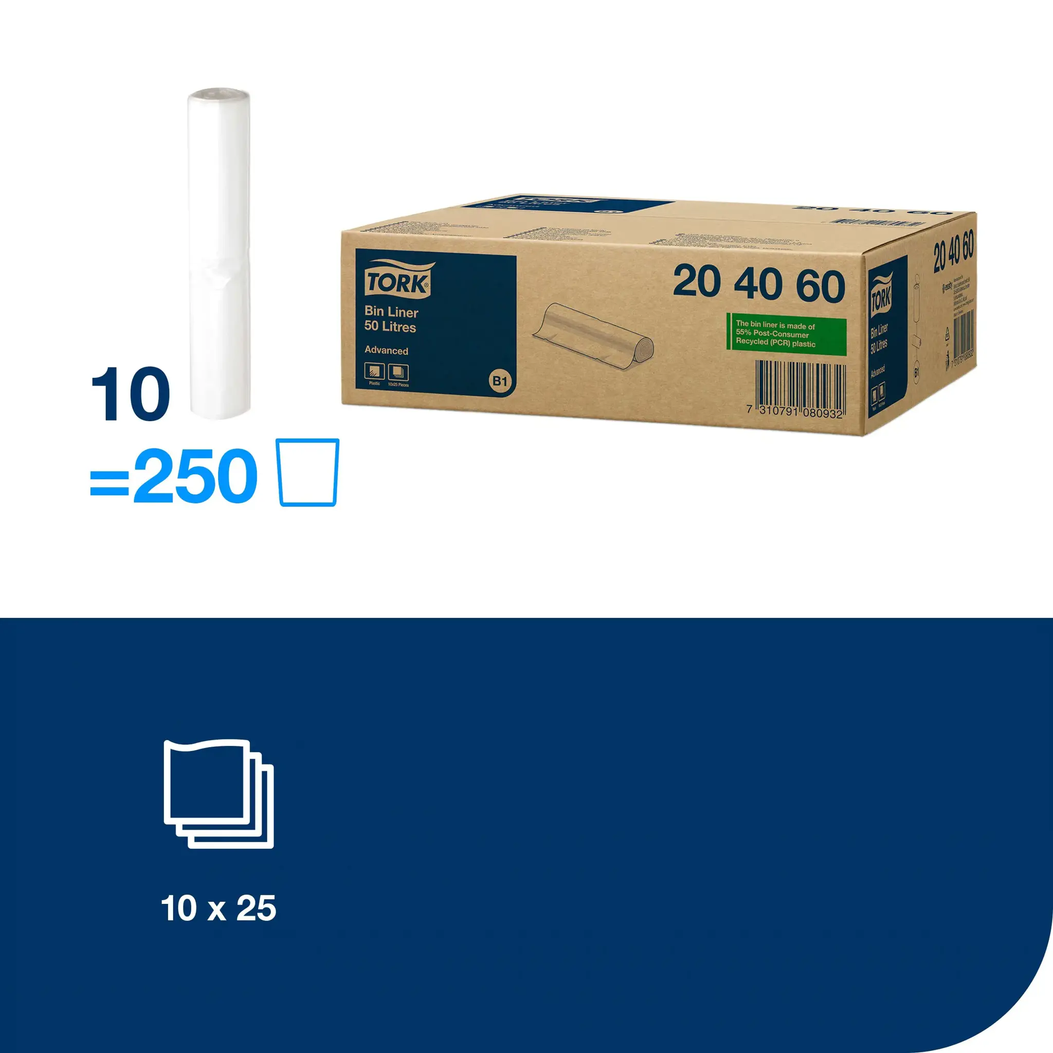 Šiukšlių maišai skirti TORK B1 šiukšliadėžėms, 50 L, 25 vnt, balti, 204060