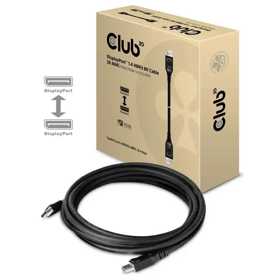 CLUB3D DisplayPort 1.4 HBR3 8K Cable M/M 5m /16.40ft, 5 m, DisplayPort, DisplayPort, Male, Male, 7680 x 4320 pixels