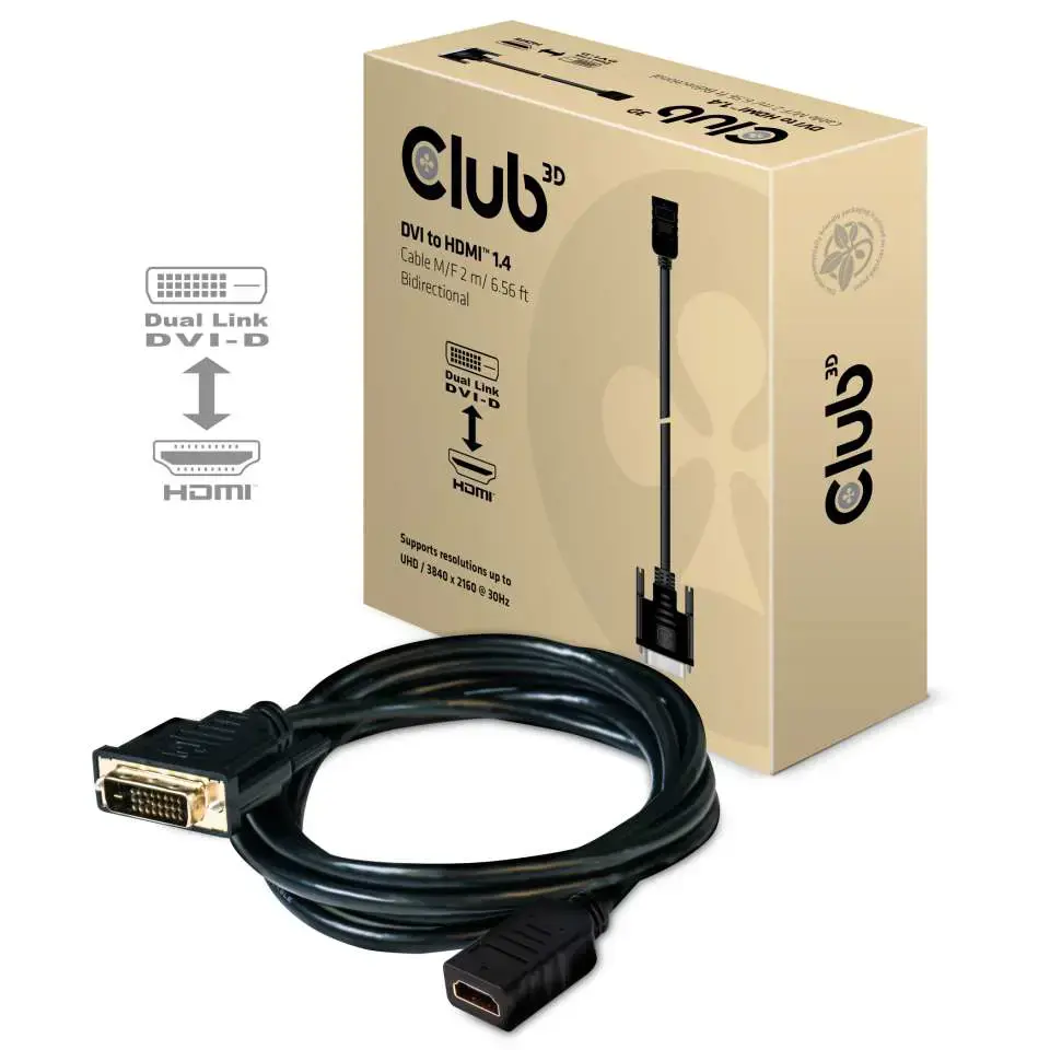 CLUB3D DVI to HDMI 1.4 Cable M/F 2m/6.56ft Bidirectional, DVI Dual Link, HDMI 1.4, 2 m, Black