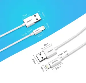 Ugreen kabelis USB 2.0 A lightning 2 m, 5V/2.4A iPhone 7 / 7plus / 6S / 6 / 6 Plus, iPhone 5s/5c/5, iPad Mini/Mini 2, iPad, 1 m, Lightning, USB A, vyriškas, vyriškas, baltas