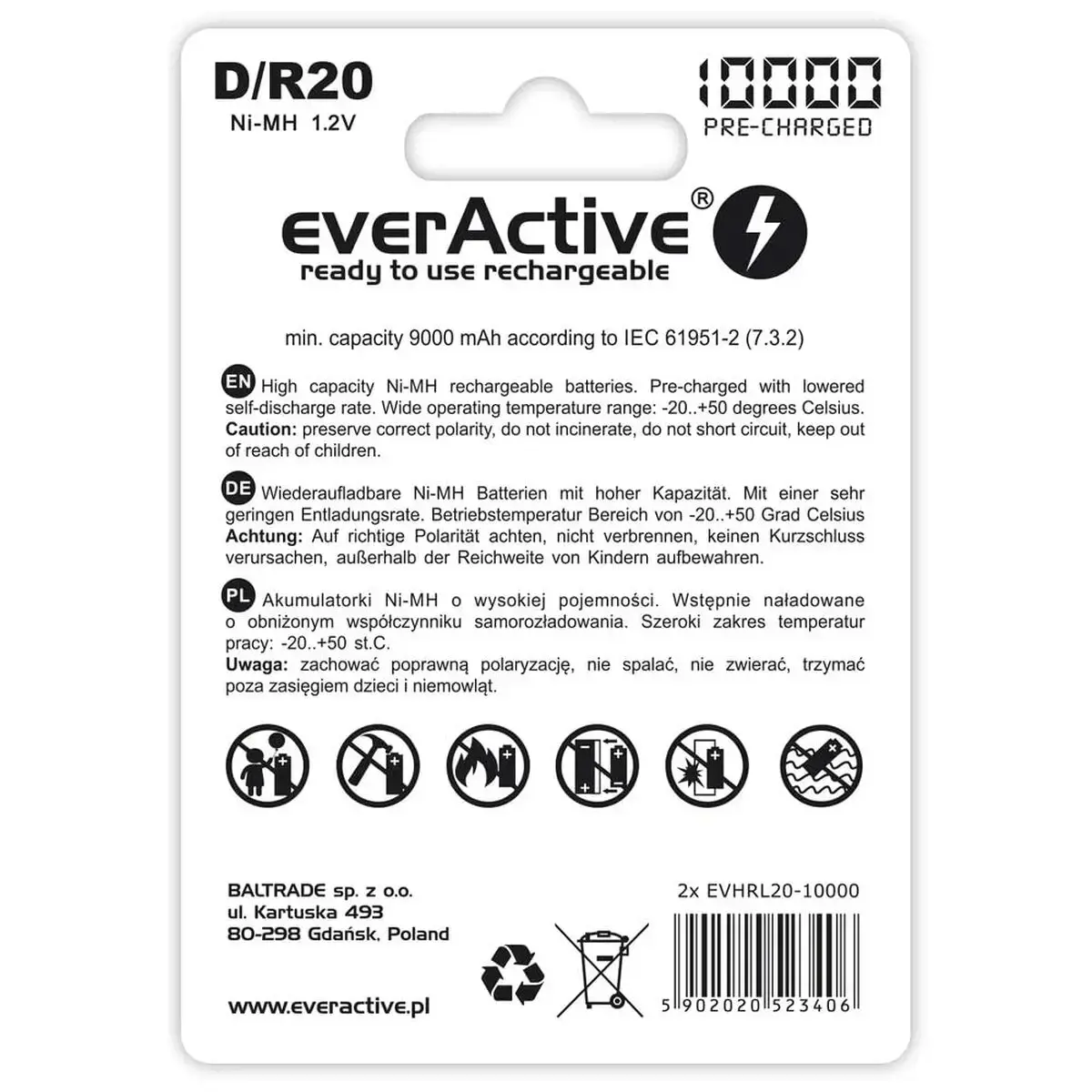 Įkraunamos baterijos everActive R20/D Ni-MH 10000 mAh paruoštos naudoti