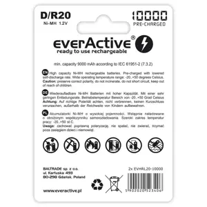 Įkraunamos baterijos everActive R20/D Ni-MH 10000 mAh paruoštos naudoti